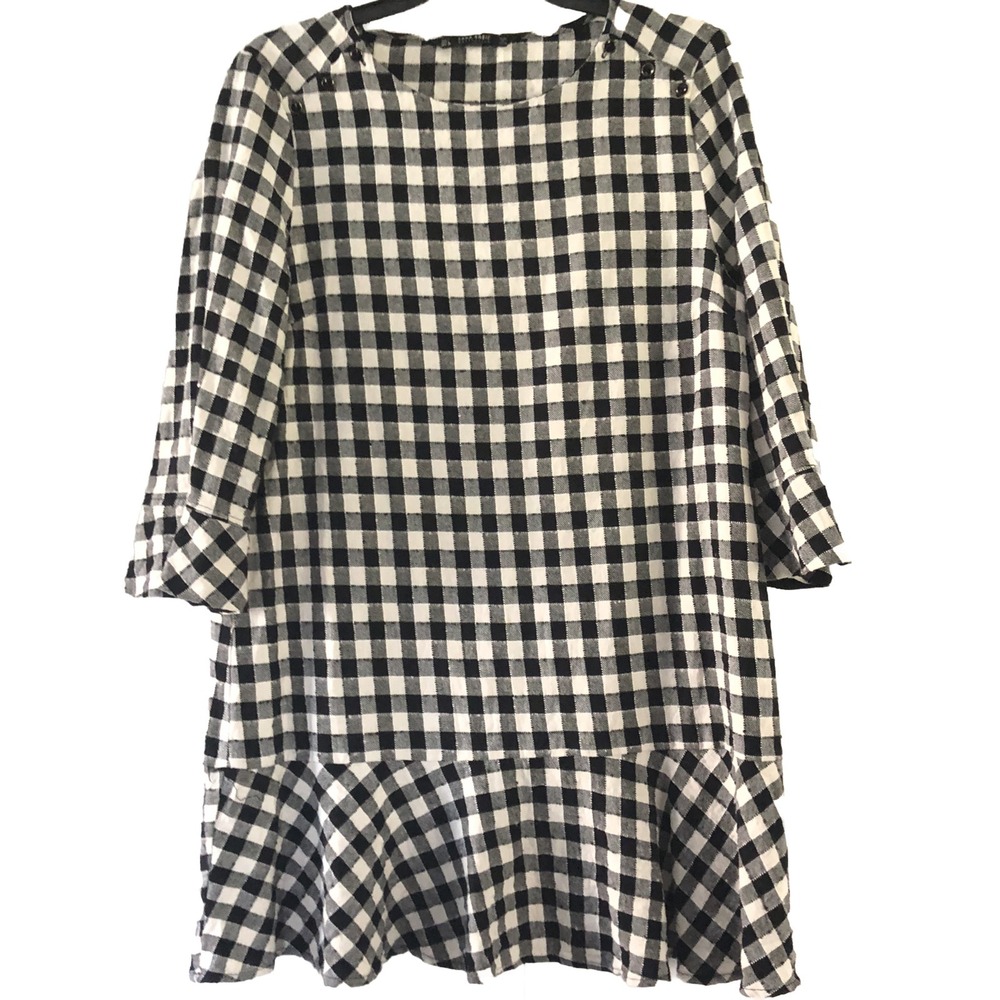 Zara‎ Basics Dress Women's L Gingham Black White Bell Sleeve Button Detail Mini